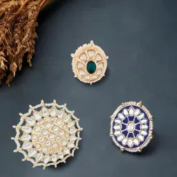 Zaveri Pearls Set of 3 Green & Blue Meenakari Kundan Rings-ZPFK14522-image-93