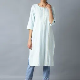 W Women Blue Geometric Print Rayon Straight Kurta image 1