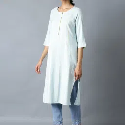 W Women Blue Geometric Print Rayon Straight Kurta image 3