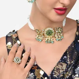 Zaveri Pearls Green Beads & Kundan Traditional Choker Necklace Earring & Ring Set-ZPFK11066-image-38
