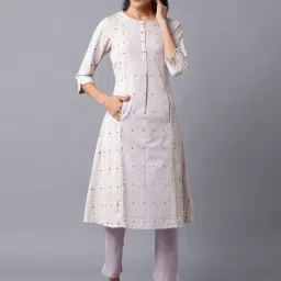 W Off-White Cotton Striped A Line Kurta image 1