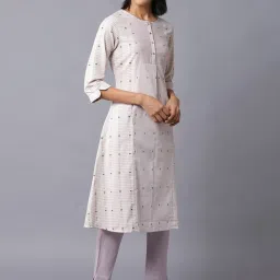 W Off-White Cotton Striped A Line Kurta image 4