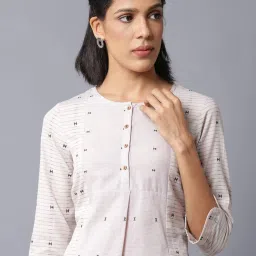 W Off-White Cotton Striped A Line Kurta image 5