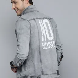 HERE&NOW Men Grey Typography Printed Washed Denim Jacket-picture-21