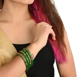 1ST TIME Set Of 10 Green Alloy Artificial Stones & Beads Antique Bangles image 4