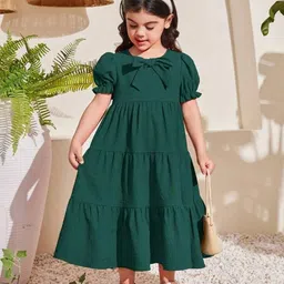 Kotty Girl's Self Design Puff Sleeves Bow Details Tiered Gown Dress image 3