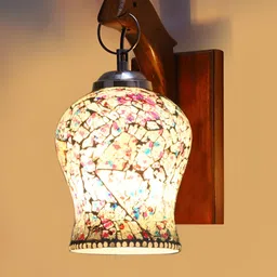 Devansh White & Blue Printed Wooden Bell Shaped Wall Lamp With Mosaic Glass image 5