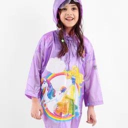 Babyhug Full Sleeves Hooded Raincoat Barbie Print - Lavender-image-58
