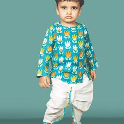 Polka Tots  Full Sleeves Lotus Motif Printed Kurta With Coordinating Dhoti  Set - Blue-picture-40