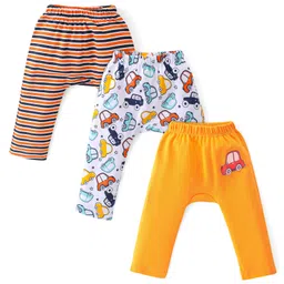 Babyhug Cotton Knit Full Length Diaper Pants Stripes & Car Print Pack of 3 - Multicolor-picture-18