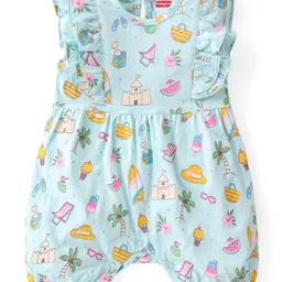 Babyhug 100% Cotton Knit Frill Sleeves Romper Beach Theme - Blue-image-53