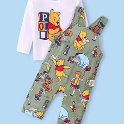 Babyhug Disney Single Jersey Knit Dungaree with Full Sleeve T-Shirt Winnie The Pooh Print - Olive Green & White-picture-22