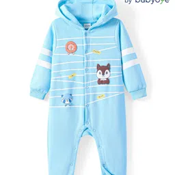 Babyoye 100% Cotton Knit Full Sleeves Front Open Hooded Romper with Animal Puff Print - Light Blue-picture-10