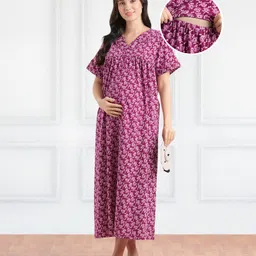 Bella Mama Cotton Knit Half Sleeves Maternity & Nursing Nighty Floral Print - Purple-image-7