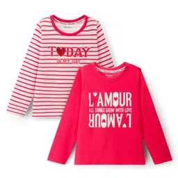 Honeyhap Premium 100% Cotton Knit Bio Finish Full Sleeves T-Shirts with Stripes & Lamour Text Print Pack of 2 - Poppy Red & Bright White image 1