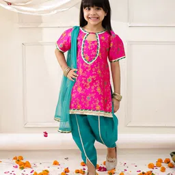 KID1 Brocade Woven Onam Theme Full Sleeves Floral Foil Printed Gota Lace Embellished Kurti Dhoti With Dupatta Set - Pink-picture-24