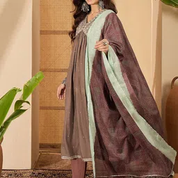 Sangria Women Geometric Embroidered A-Line Cotton Kurta & Trousers With Dupatta image 4