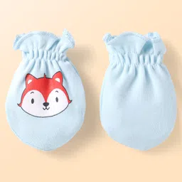 Babyhug Interlock Knit Mittens & Booties With Fox Print - Light Blue image 3