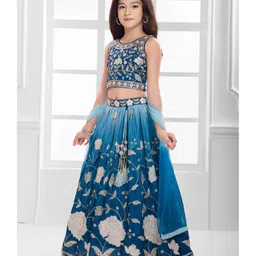 Ministitch Cotton Silk Woven Sleeveless Floral Embroidered & Sequins Embellished Lehenga Choli With Dupatta Set - Blue image 4
