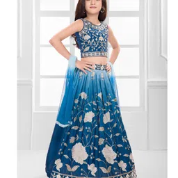 Ministitch Cotton Silk Woven Sleeveless Floral Embroidered & Sequins Embellished Lehenga Choli With Dupatta Set - Blue image 5