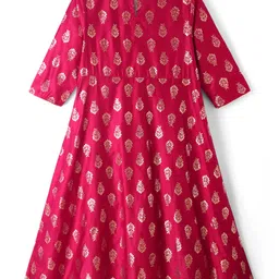 EARTHY TOUCH Woven Three Fourth Sleeves Kurti Churidar Set with Dupatta Floral Glitter Print & Lace Detailing - Dark Pink image 5