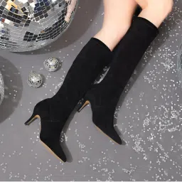 Saint G Jemima Black Stretch Suede Kitten Heel Knee High Boots-picture-12