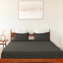 HOMEMONDE Grey Striped Cotton 300 TC Fitted King Bedsheet with 2 Pillow Covers-picture-14
