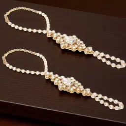 OOMPH Combo of 2 Gold Ethnic Statement Bracelet with Ring Kundan and Pearls Floral-image-9