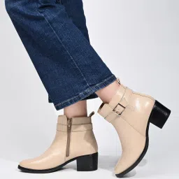Louis Stitch Women Beige Elegant Mid Top Neck Belt Buckle Chelsea Boots-picture-18