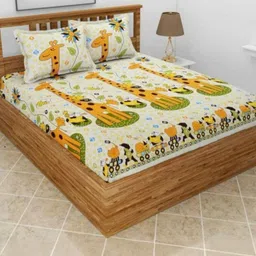 NEW TOWN Yellow & Green Cartoon Characters 210 TC Queen Bedsheet with 2 Pillow Covers-image-13