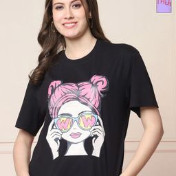 Dreambe Women Pack Of 2 Graphic Printed Round Neck Cotton Oversized T-shirts-picture-35