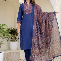 Kohsh Women Ethnic Motifs Printed Cotton Kurta with Trousers & Dupatta image 5