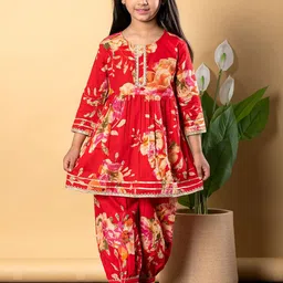 Readiprint Fashions Girls Floral Printed Pleated Pure Cotton Anarkali Kurta With Sharara image 1
