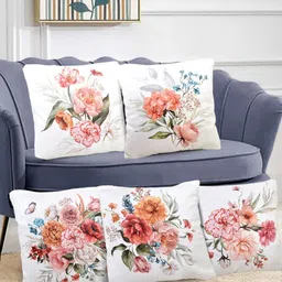 FABINALIV White & Pink 5 Pieces Printed Velvet Square Cushion Covers image 5