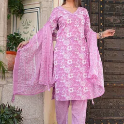 FLAVIA CREATION Floral Printed Pure Cotton Straight Kurta with Trousers & Dupatta-picture-20