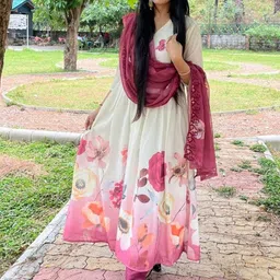 DIVASTRI Women Floral Printed Panelled Silk Chiffon Kurta with Churidar & With Dupatta-picture-12