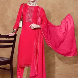 Sangria Women Floral Embroidered Kurta with Trouser & Dupatta image 3