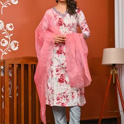 Anouk Floral Printed V-Neck Pure Cotton Thread Work A-Line Kurta With Trousers & Dupatta-picture-21