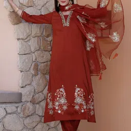KALINI Women Floral Embroidered Regular Thread Work Kurta with Trousers & With Dupatta image 1