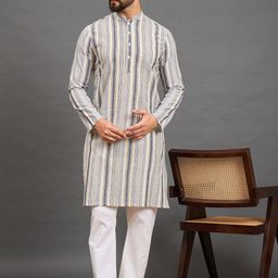 House of Pataudi Striped Mandarin Collar Straight Pure Cotton Kurta-picture-19