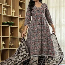 Yufta Women Ethnic Motifs Printed Regular Sequinned Pure Cotton Kurta with Trousers & With Dupatta image 4