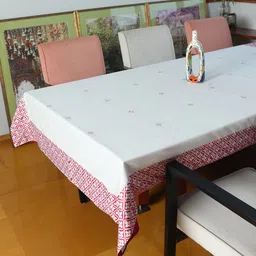 ZEBA White & Red Self-Designed Cotton 6-Seater Table Cover image 1