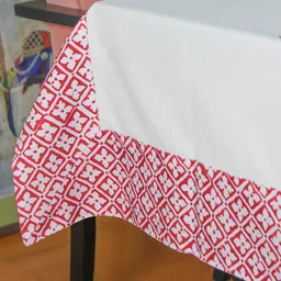ZEBA White & Red Self-Designed Cotton 6-Seater Table Cover image 2
