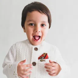 Tiber Taber Full Sleeves Kurta & Pajama With Fish Brooch Jacket Set - White image 3