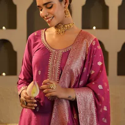 Indo Era Floral Embroidered Round Neck Zari Straight Kurta & Trousers With Dupatta-image-90