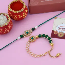 VIRAASI 2-Pcs Bhaiya Bhabhi Rakhi With Candle & Greeting Card & Roli Chawal image 4
