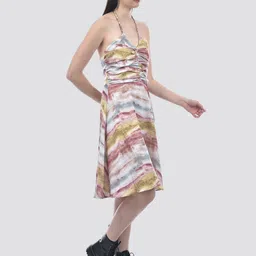 CAMLA Women Abstract Print Halter Neck Georgette Fit & Flare Dress image 5