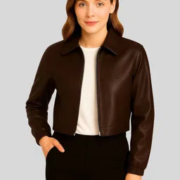 Raxedo Women Leather Crop Bomber Jacket-picture-27