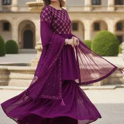 SZN Geometric Embroidered Zari Georgette Kurta with Sharara & With Dupatta-image-22