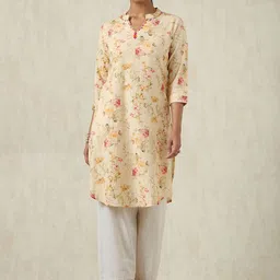Soch Floral Printed Mandarin Collar Cotton Linen Straight Kurta-image-11